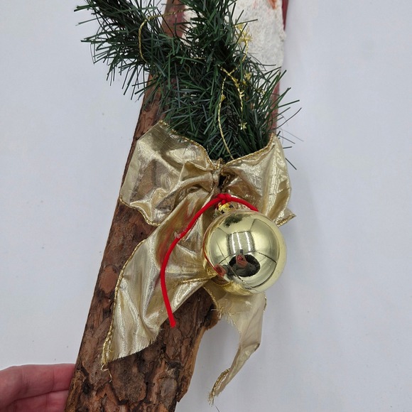 Paper Mache Santa on Wood Bark Rustic Cabin Decor Hand Painted Christmas Holiday - Picture 4 of 7